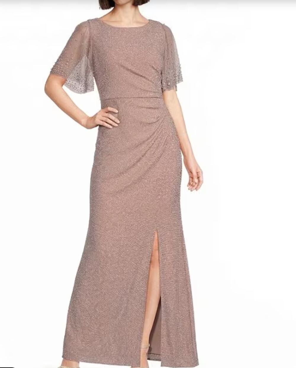 Alex Evenings Metallic Embellished Flutter Short Sleeve Boat Neck Ruched Waist